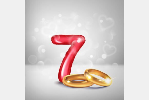 Celebrate Seven Years with Red Number 7 and Gold Wedding Rings
