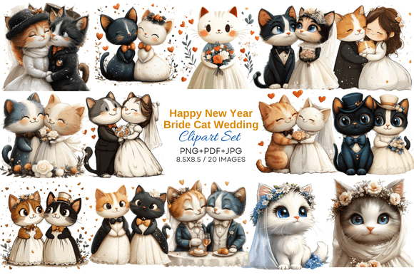 Charming Bride Cat Clipart: Perfect for New Year Wedding Designs