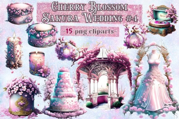 Cherry Blossom Sakura Wedding Clipart: Elegant Design Elements