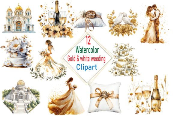 Elegant Wedding Design: Watercolor Gold and White Clipart Collection